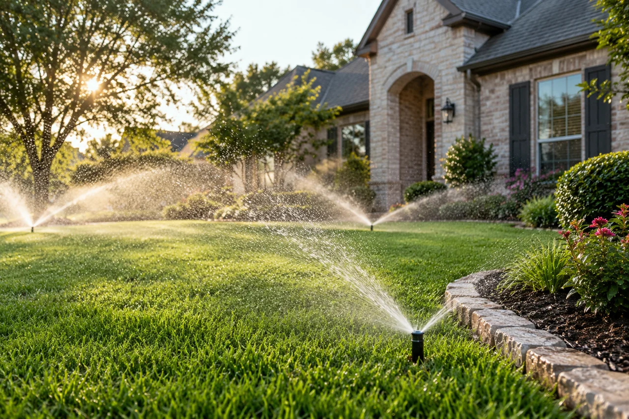 In-ground sprinklers watering a manicured lawn