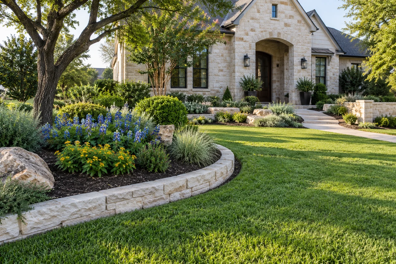 Landscaped front yard with limestone flower bed borders