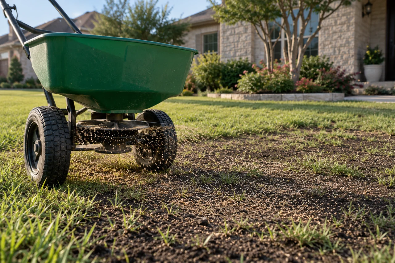 Grass seed spreader beside a prepared lawn area