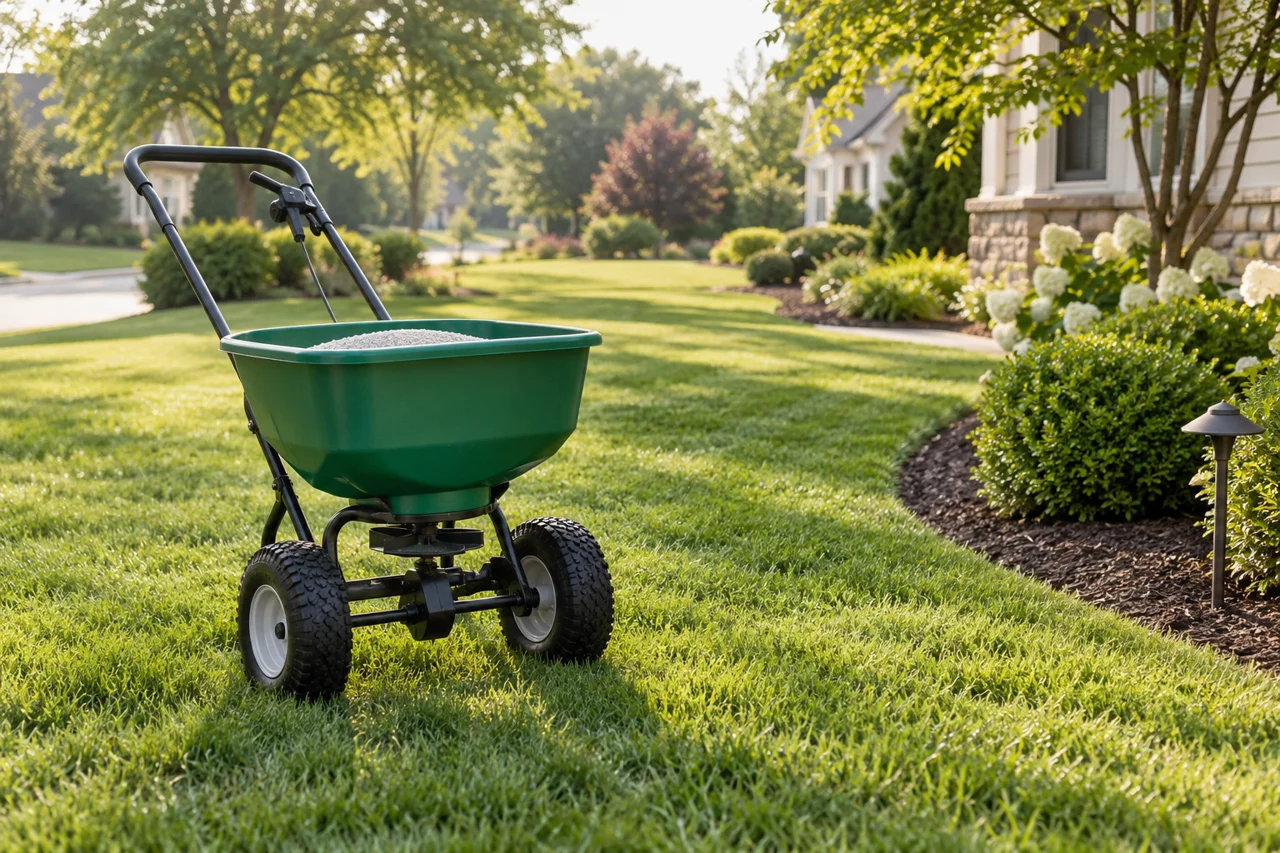 Lawn treatment spreader on a green lawn
